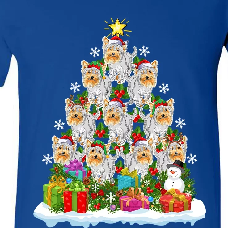 Xmas Lights Funny Santa Yorkshire Terrier Dog Christmas Tree Gift V-Neck T-Shirt