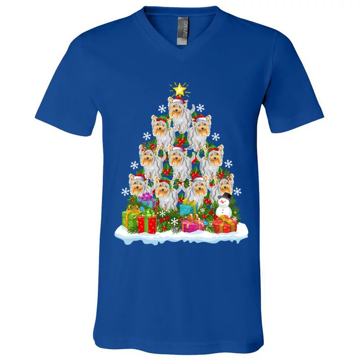 Xmas Lights Funny Santa Yorkshire Terrier Dog Christmas Tree Gift V-Neck T-Shirt