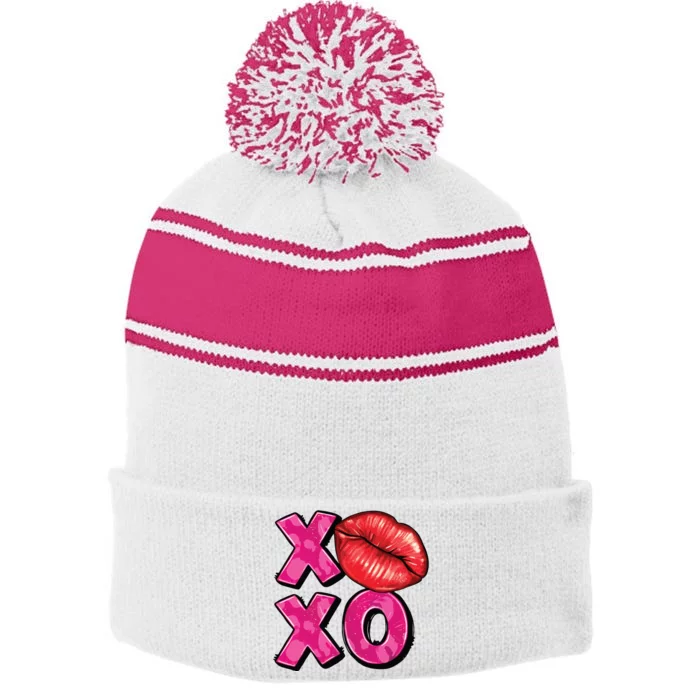 Xoxo Lips Kiss Valentines Day Stripe Pom Pom Beanie