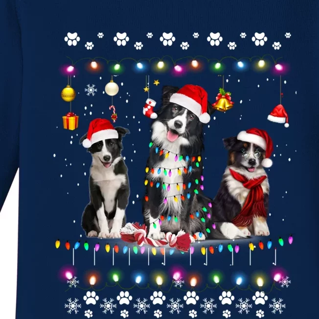 Xmas Lighting Matching Ugly Border Collie Dog Christmas Gift Baby Long Sleeve Bodysuit