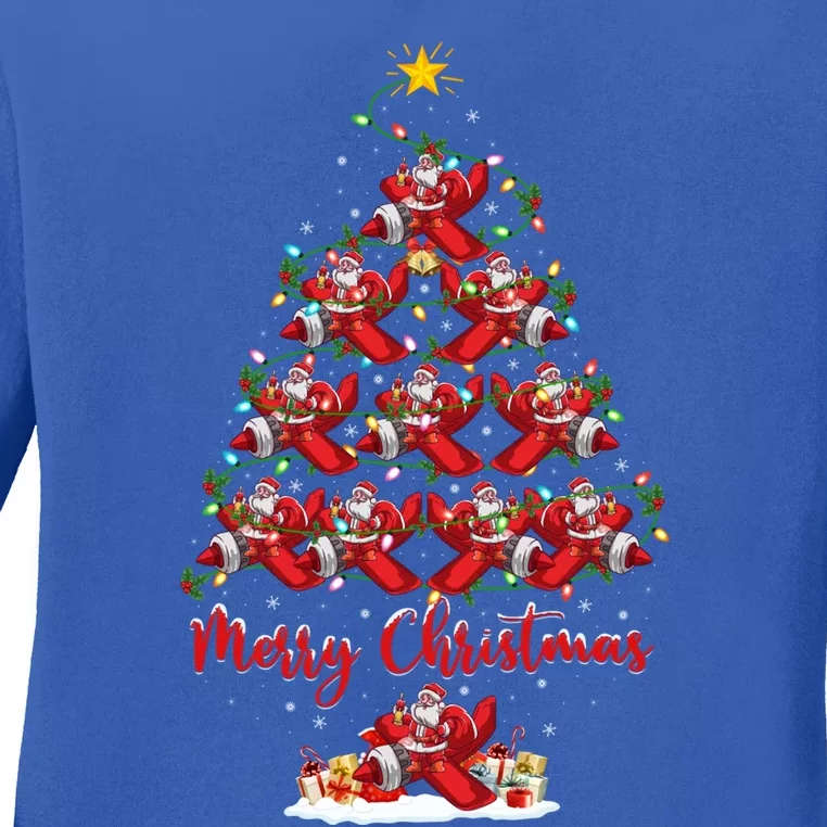 Xmas Lighting Matching Santa Airplane Christmas Tree Gift Ladies Long Sleeve Shirt