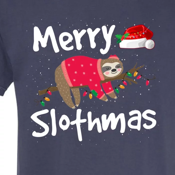 Xmas Lighting Santa Hat Sloth Merry Slothmas Christmas Gift Garment-Dyed Heavyweight T-Shirt