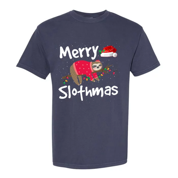 Xmas Lighting Santa Hat Sloth Merry Slothmas Christmas Gift Garment-Dyed Heavyweight T-Shirt