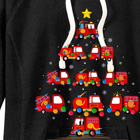 Xmas Lighting Santa Firefighter Fire Truck Christmas Tree Gift Women's Fleece Hoodie