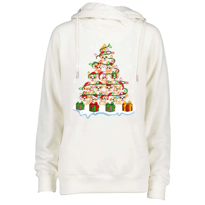 Xmas Lighting Santa Corgi Dog Christmas Tree Cool Gift Womens Funnel Neck Pullover Hood