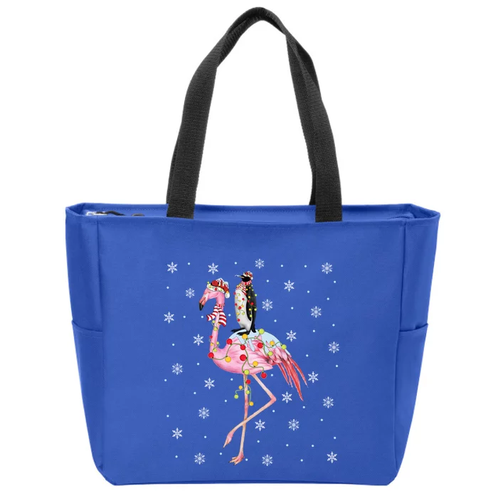 Xmas Lighting Santa Hat Flamingo Riding Penguin Christmas Cute Gift Zip Tote Bag