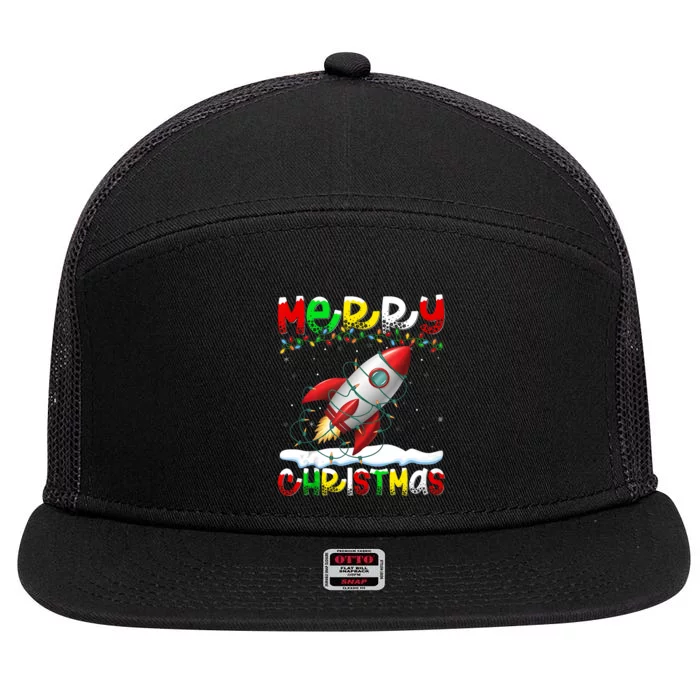 Xmas Lighting Santa Hat Rocket Merry Christmas 7 Panel Mesh Trucker Snapback Hat