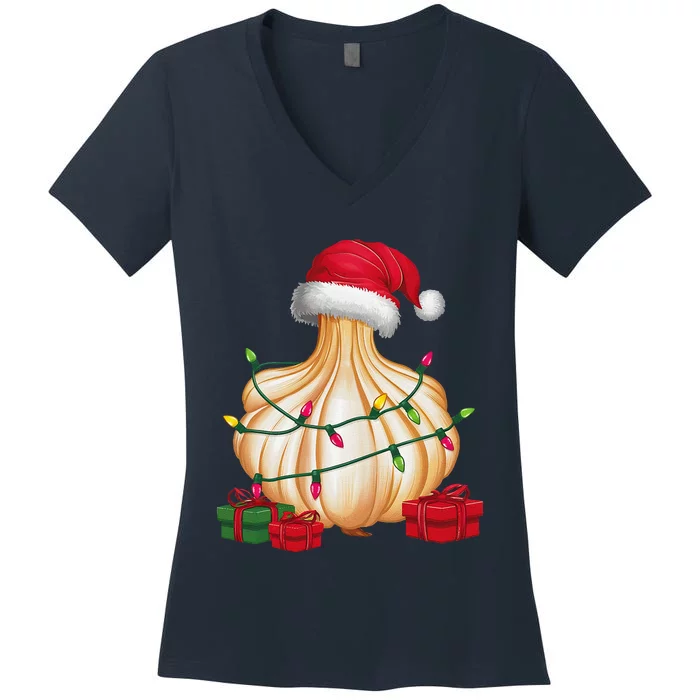 Xmas Lighting Santa Hat Garlic Christmas Women's V-Neck T-Shirt