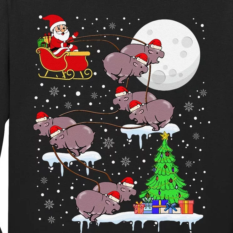 Xmas Lights Santa Riding Moo Deng Hippo Christmas Costume Tall Long Sleeve T-Shirt