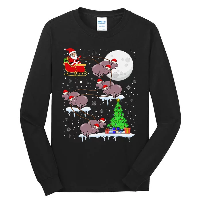 Xmas Lights Santa Riding Moo Deng Hippo Christmas Costume Tall Long Sleeve T-Shirt