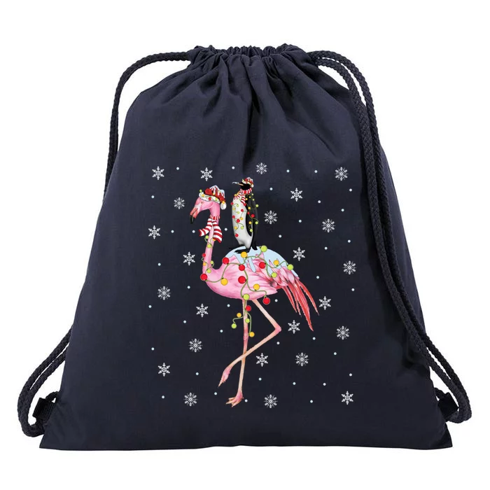 Xmas Lighting Santa Hat Flamingo Riding Penguin Christmas Gift Drawstring Bag