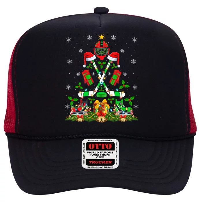 Xmas Lighting Santa Ice Hockey Christmas Tree Gift High Crown Mesh Trucker Hat