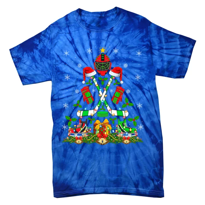 Xmas Lighting Santa Ice Hockey Christmas Tree Gift Tie-Dye T-Shirt