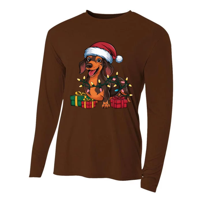 Xmas Lighting Santa Hat Dachshund Dog Christmas Gift Cooling Performance Long Sleeve Crew