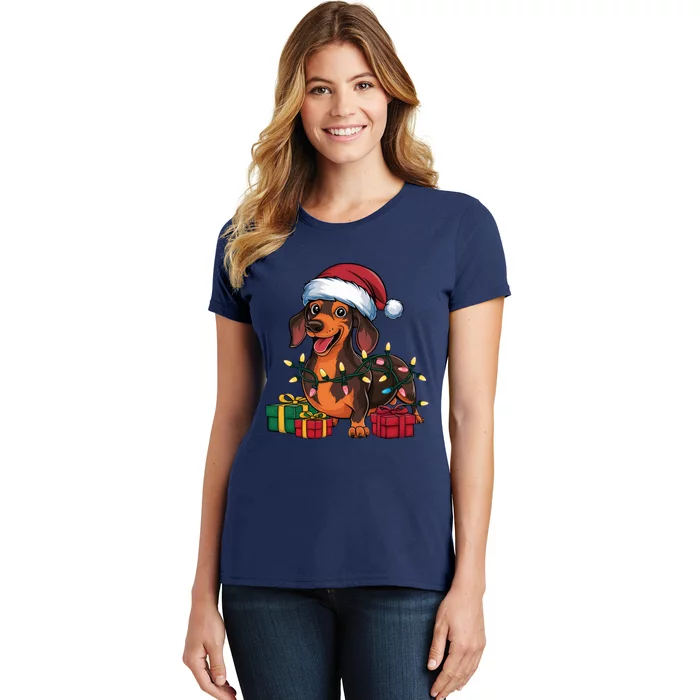 Xmas Lighting Santa Hat Dachshund Dog Christmas Gift Women's T-Shirt