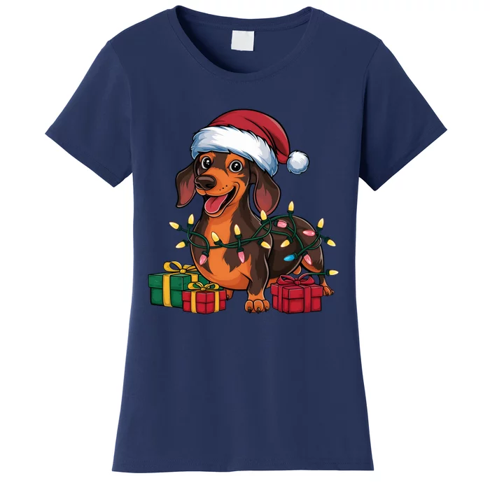 Xmas Lighting Santa Hat Dachshund Dog Christmas Gift Women's T-Shirt