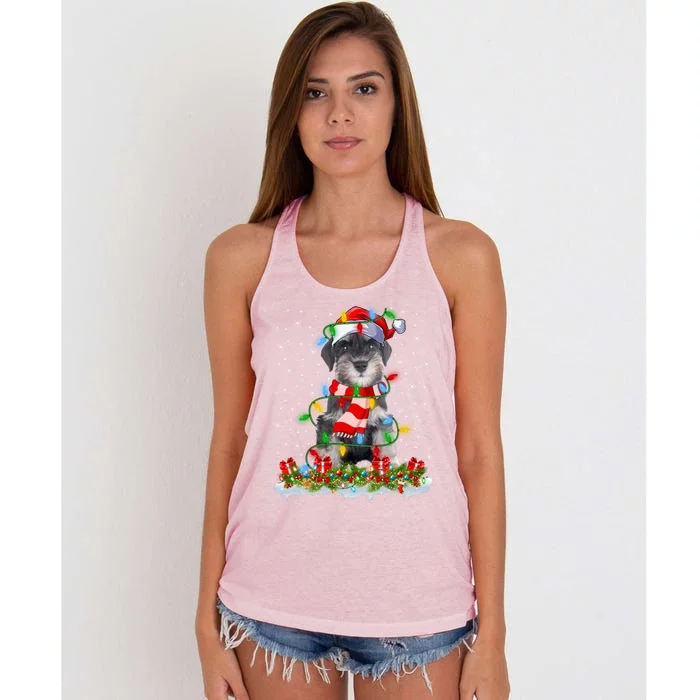 Xmas Lighting Santa Schnauzer Dog Christmas Gift Women's Knotted Racerback Tank