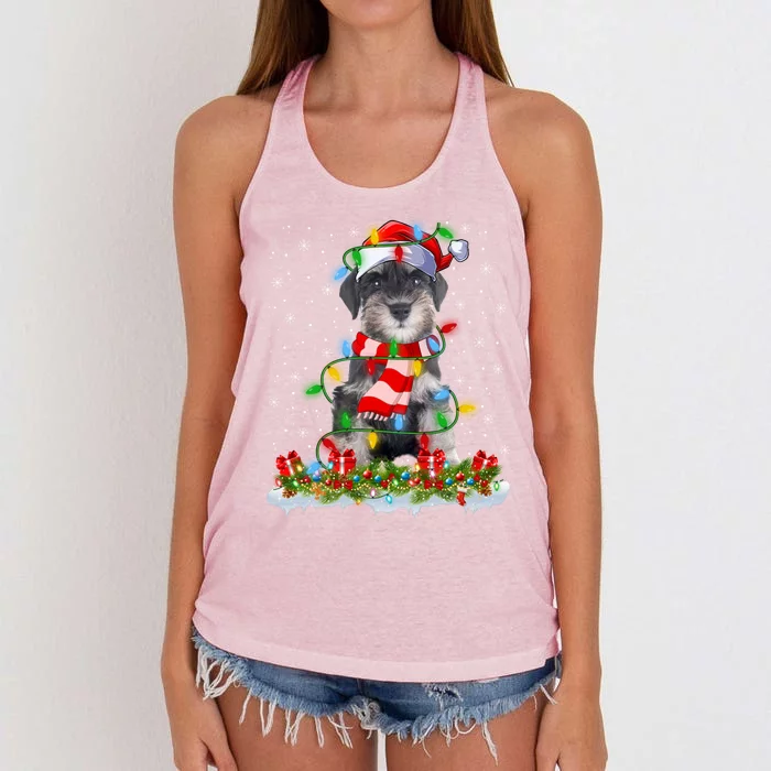 Xmas Lighting Santa Schnauzer Dog Christmas Gift Women's Knotted Racerback Tank