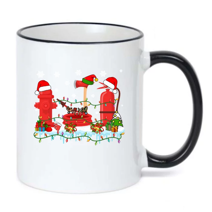 Xmas Lights Three Reindeer Santa Firefighter Tools Lover Gift Black Color Changing Mug