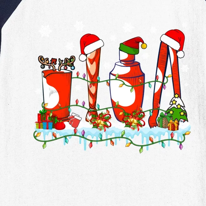 Xmas Lights Three Reindeer Santa Bartender Tools Lover Gift Baseball Sleeve Shirt