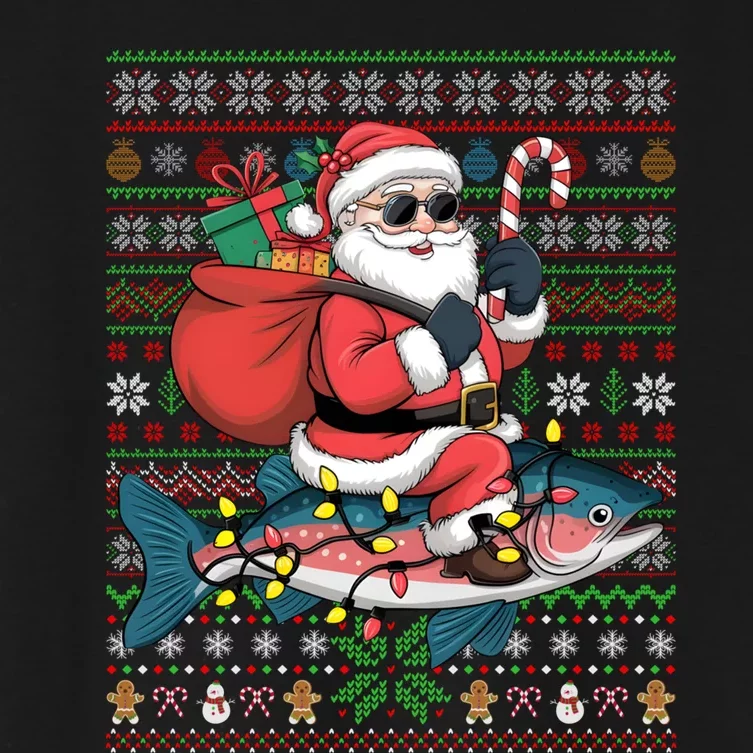 Xmas Lights Ugly Style Santa Riding Salmon Fish Christmas Women's Crop Top Tee