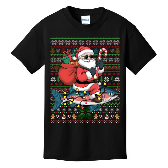 Xmas Lights Ugly Style Santa Riding Salmon Fish Christmas Kids T-Shirt