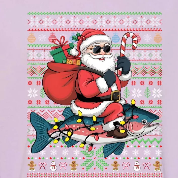 Xmas Lights Ugly Style Santa Riding Salmon Fish Christmas Garment-Dyed Sweatshirt