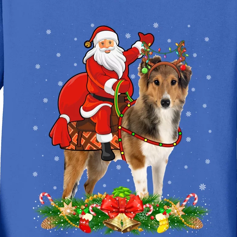 Xmas Matching Funny Santa Riding Shetland Sheepdog Christmas Cool Gift Kids Long Sleeve Shirt