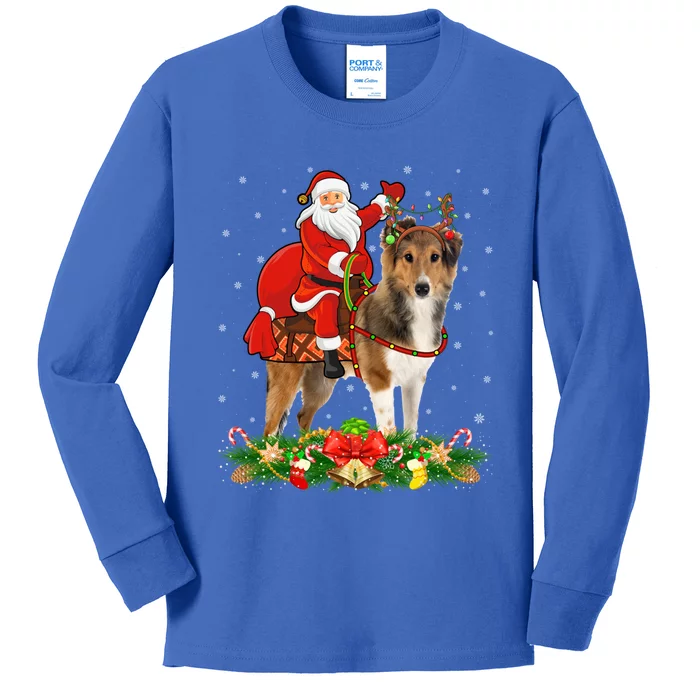 Xmas Matching Funny Santa Riding Shetland Sheepdog Christmas Cool Gift Kids Long Sleeve Shirt