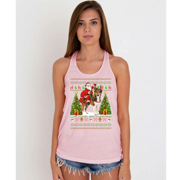 Xmas Matching Ugly Santa Riding Shetland Sheepdog Christmas Great Gift Women's Knotted Racerback Tank