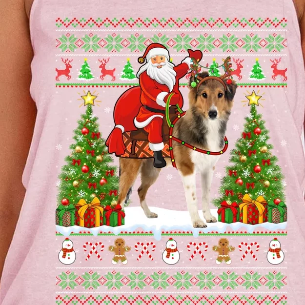 Xmas Matching Ugly Santa Riding Shetland Sheepdog Christmas Great Gift Women's Knotted Racerback Tank