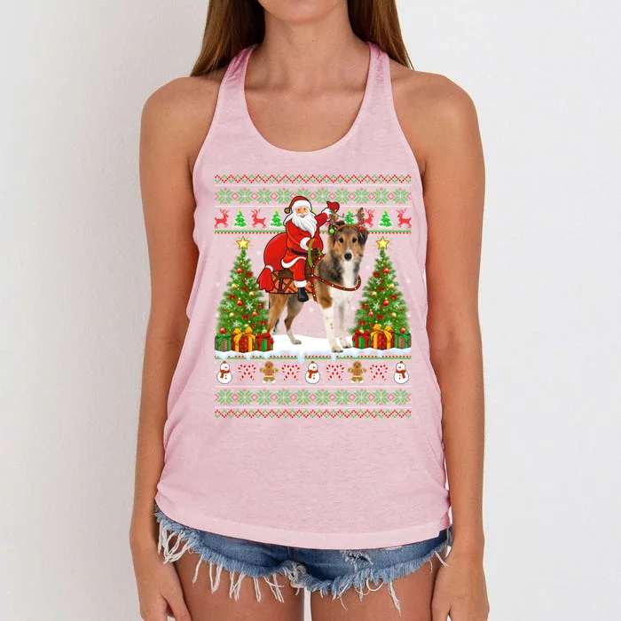 Xmas Matching Ugly Santa Riding Shetland Sheepdog Christmas Great Gift Women's Knotted Racerback Tank