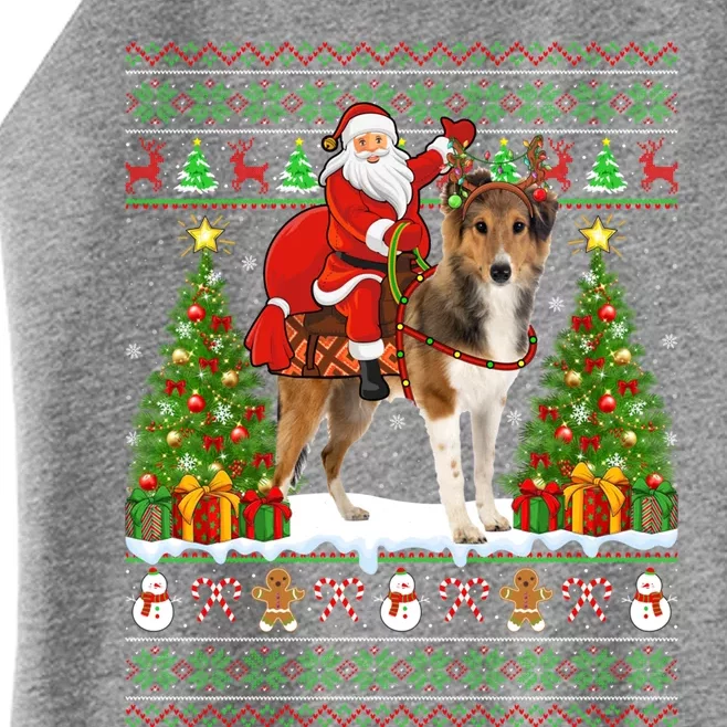 Xmas Matching Ugly Santa Riding Shetland Sheepdog Christmas Great Gift Women’s Perfect Tri Rocker Tank