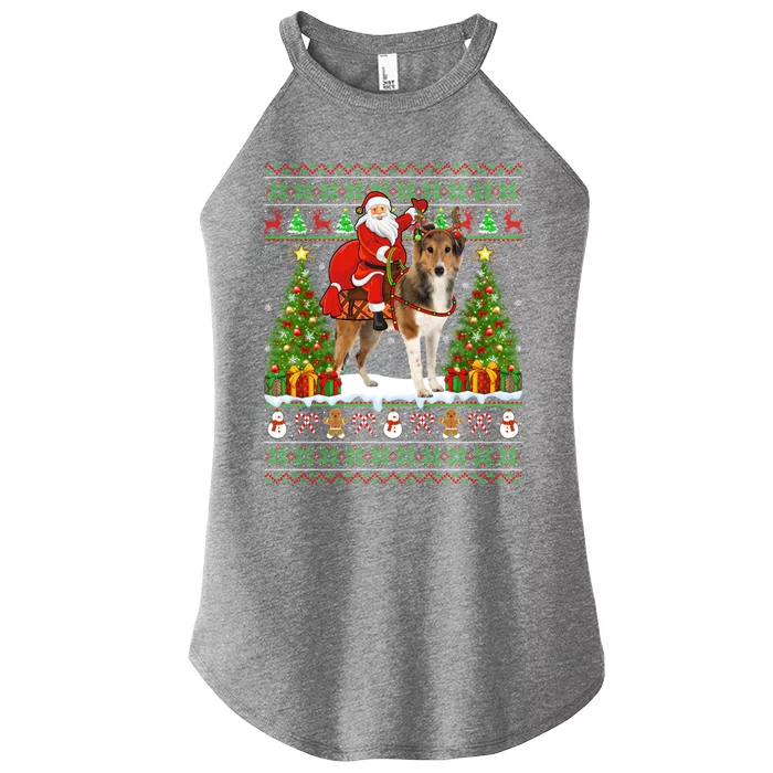 Xmas Matching Ugly Santa Riding Shetland Sheepdog Christmas Great Gift Women’s Perfect Tri Rocker Tank