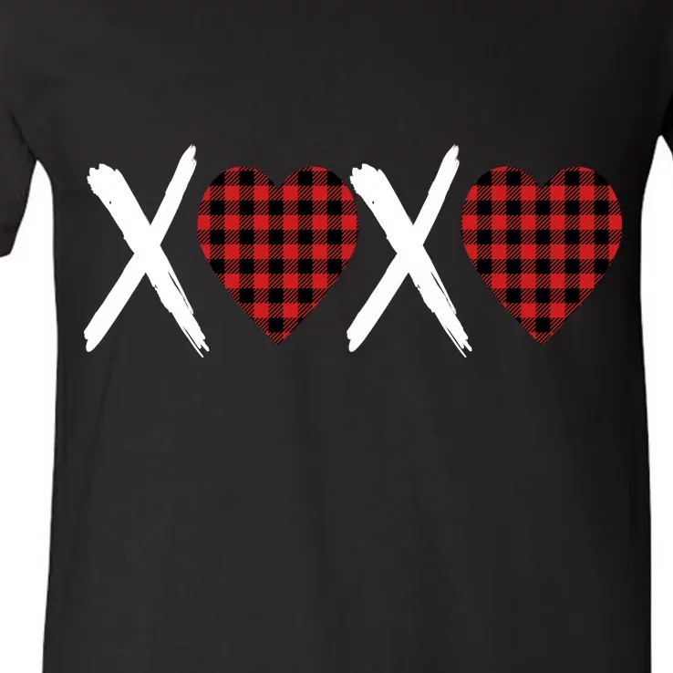 XOXO Plaid Pattern Love Heart V-Neck T-Shirt