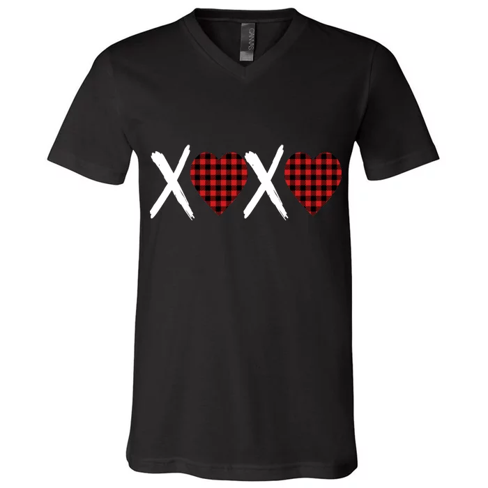 XOXO Plaid Pattern Love Heart V-Neck T-Shirt