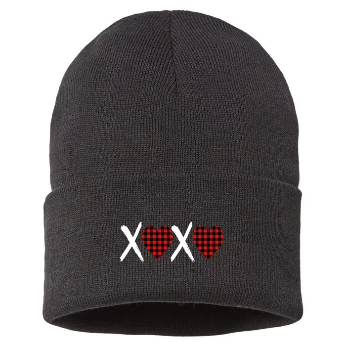 XOXO Plaid Pattern Love Heart Sustainable Knit Beanie