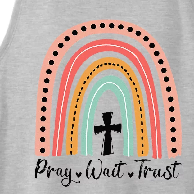 XozL Rainbow Pray Wait Trust Christian Faith Cross Ladies Tri-Blend Wicking Tank