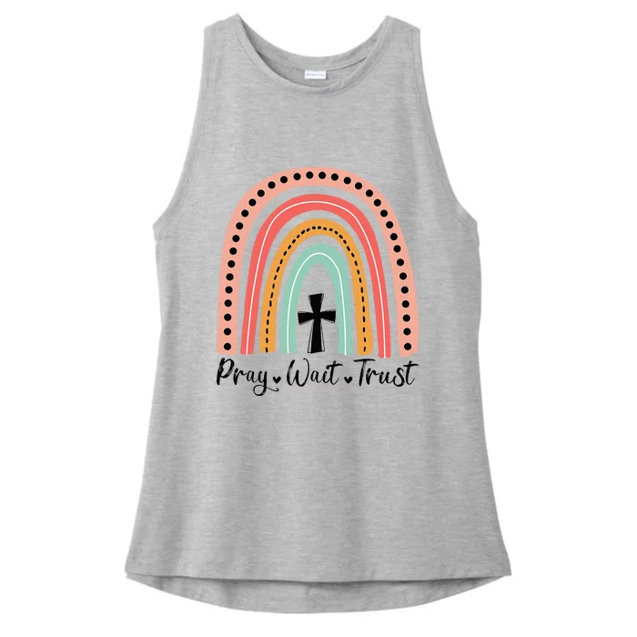 XozL Rainbow Pray Wait Trust Christian Faith Cross Ladies Tri-Blend Wicking Tank