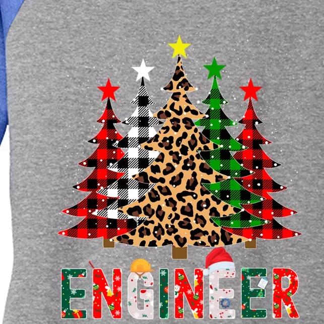 Xmas Santa Engineer Leopard Plaid Print Christmas Trees Gift Women's Tri-Blend 3/4-Sleeve Raglan Shirt