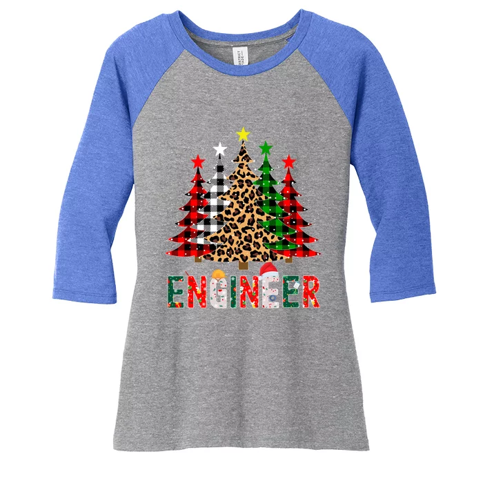 Xmas Santa Engineer Leopard Plaid Print Christmas Trees Gift Women's Tri-Blend 3/4-Sleeve Raglan Shirt