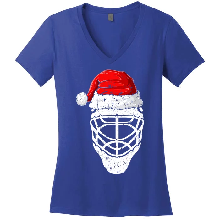 Xmas Santa Hat Christmas Ice Hockey Gift Women's V-Neck T-Shirt