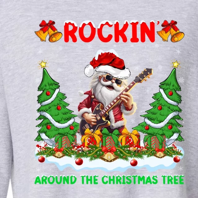 Xmas Santa Playing Guitar Rockin Around The Christmas Tree Gift Cropped Pullover Crew