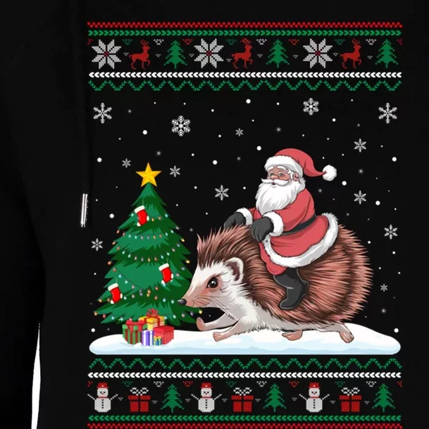 Xmas Santa Riding Hedgehog Ugly Christmas Tree Lights Womens Funnel Neck Pullover Hood