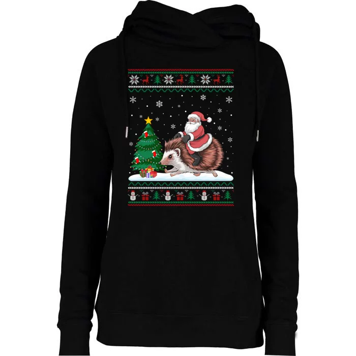 Xmas Santa Riding Hedgehog Ugly Christmas Tree Lights Womens Funnel Neck Pullover Hood