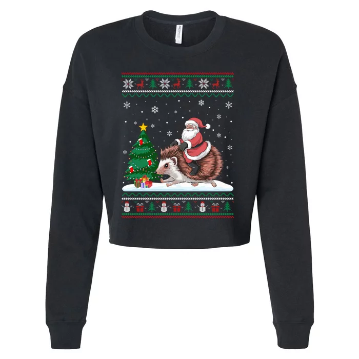 Xmas Santa Riding Hedgehog Ugly Christmas Tree Lights Cropped Pullover Crew