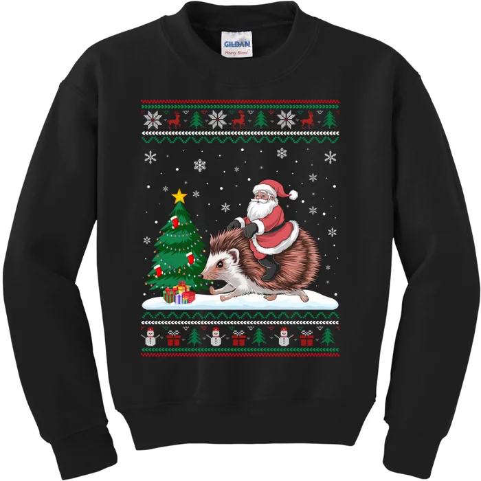 Xmas Santa Riding Hedgehog Ugly Christmas Tree Lights Kids Sweatshirt