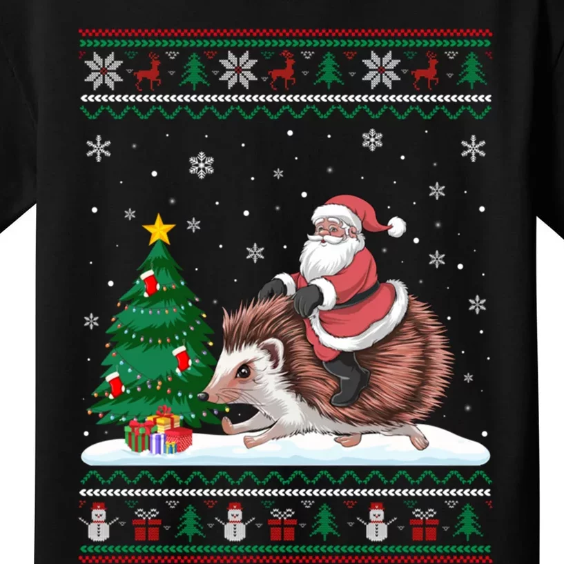 Xmas Santa Riding Hedgehog Ugly Christmas Tree Lights Kids T-Shirt