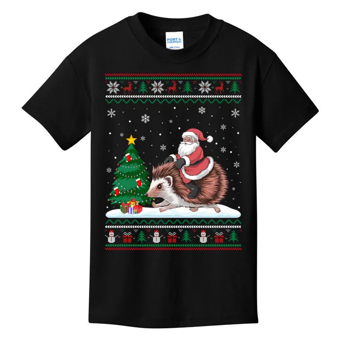 Xmas Santa Riding Hedgehog Ugly Christmas Tree Lights Kids T-Shirt