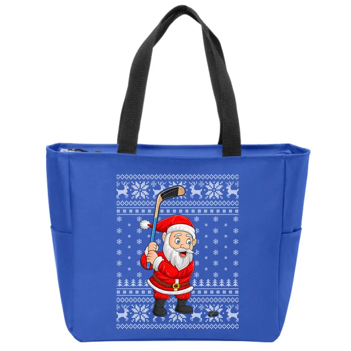 Xmas Sweater Style Ugly Santa Playing Ice Hockey Christmas Meaningful Gift Zip Tote Bag